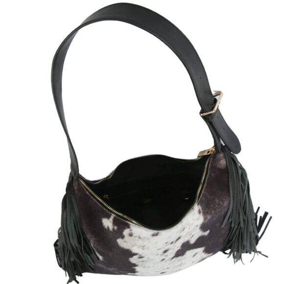 NWT Black Faux Suede Cow Print Fringe Hobo Bag - Picture 4 of 4